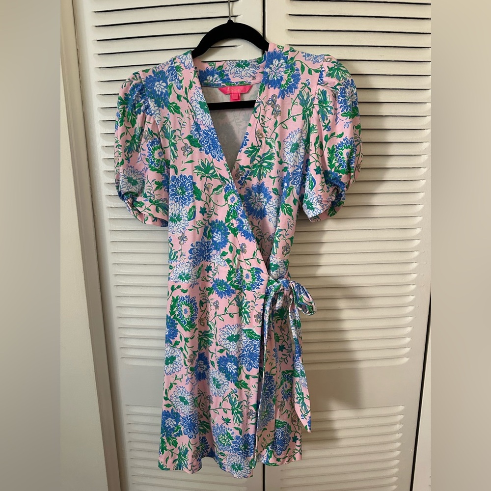 Lilly Pulitzer Pink and Blue Puff Sleeve Midi Sundress
